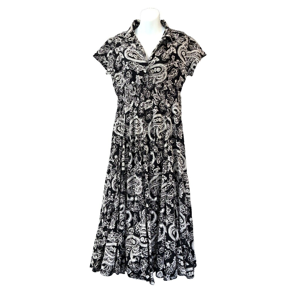 Vtg 90s Silver Stream Midi Shirt Dress Small Black Paisley Cotton Cottage Boho